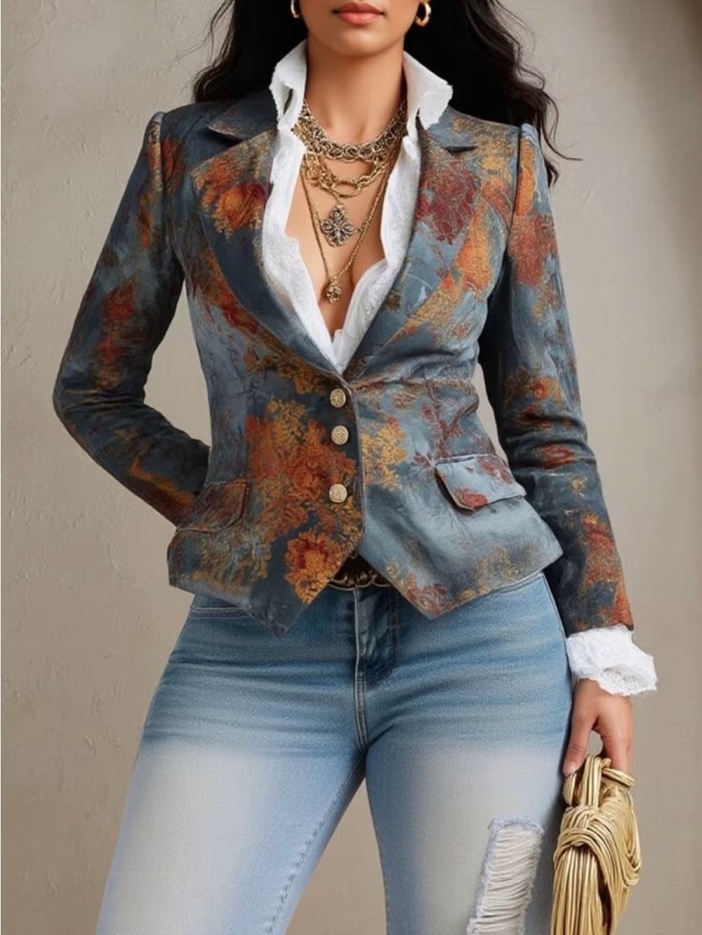 Women's Retro Floral Blue Tailored Blazer Jacket Size L